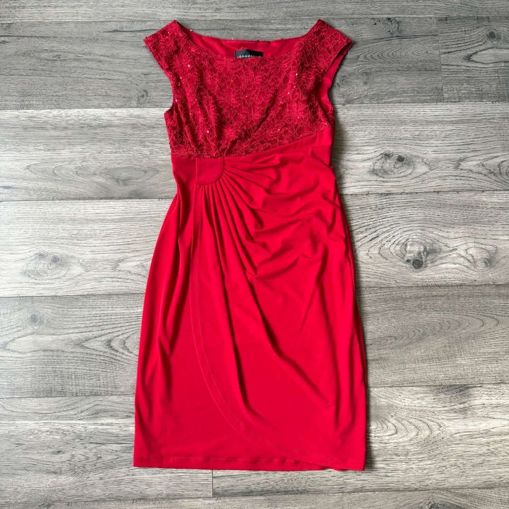 Connected Petite Red Lace Sequin Cocktail Dress 4P Faux Wrap Sheath Holiday